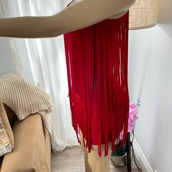 Red Retro Sheath Dress Size S Small Fringe Tassel Spaghetti Strap Peep Pt Toe - Picture 2 of 14